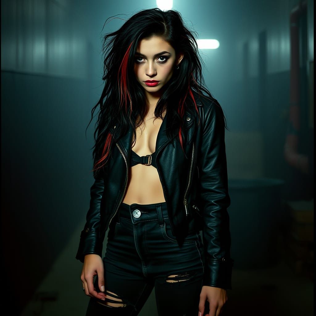 Grunge aesthetic girl, long black and red hair, leather jacket, combat boots, pretty