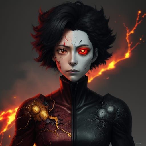 Anime Pyropia with Glowing Cracks and Red Eyes