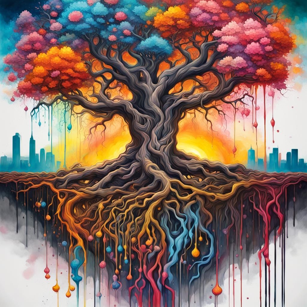 Tree of Life Graffiti Art at Sunrise