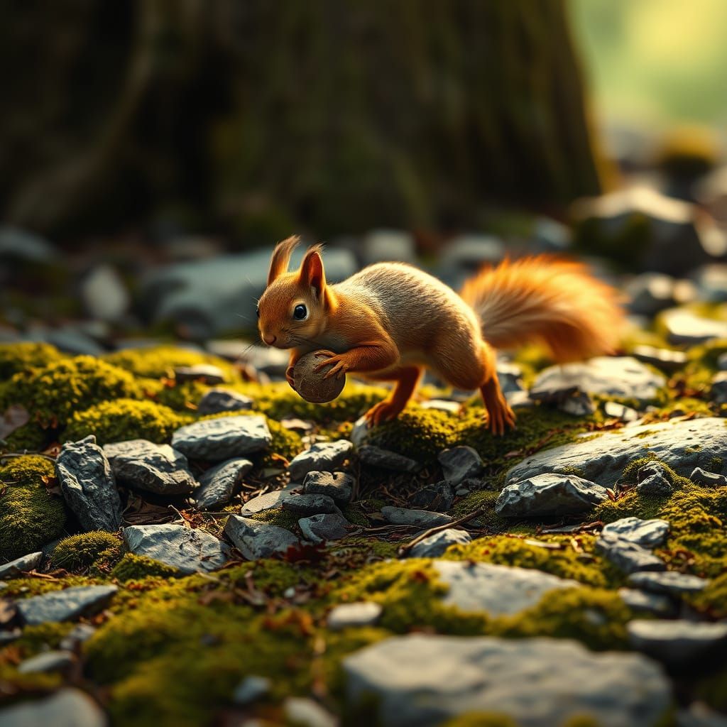 Vibrant Red Squirrel in Rustic Forest Landscape