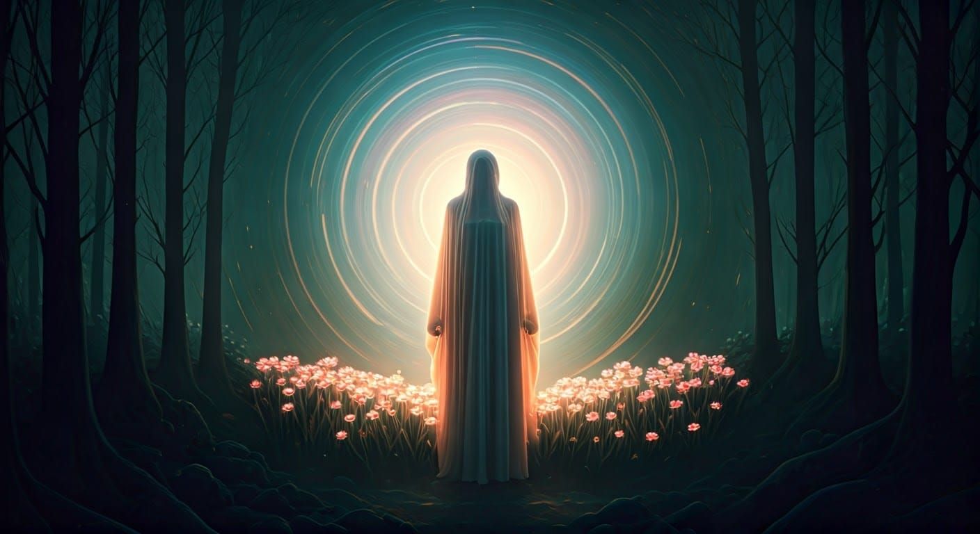 Ethereal Forest Goddess Emerges from Vortex of Light