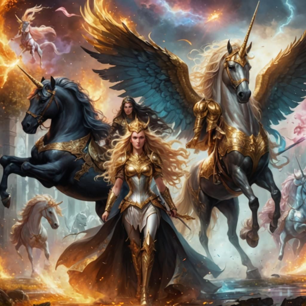 Warrior Princess with Black Unicorns in Fantasy Landscape