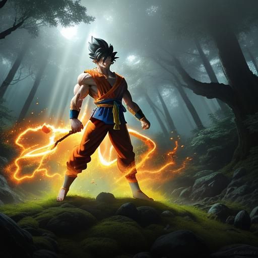 Goku Prepares Kamehameha in Lush Anime Forest