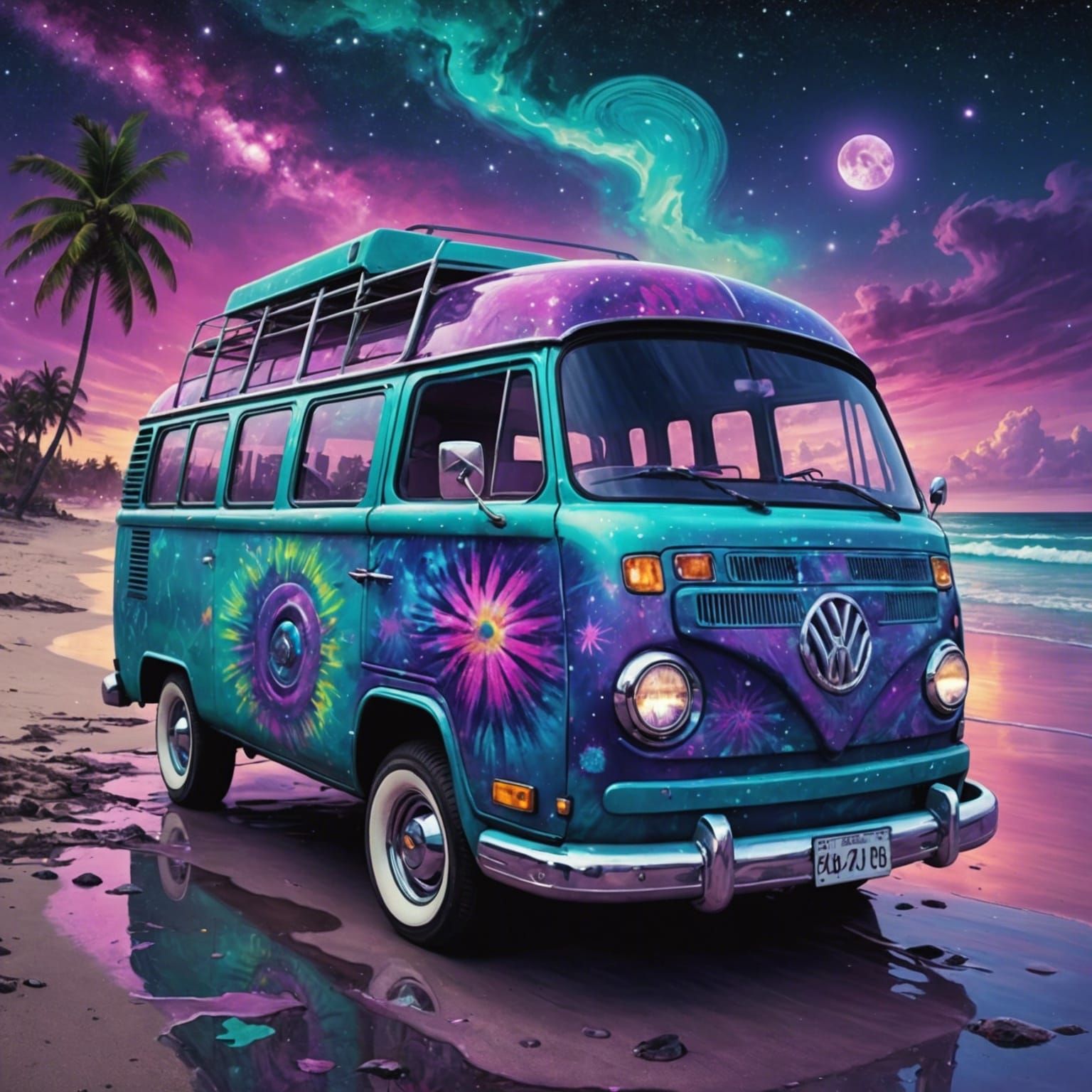 Psychedelic Combi Van on Florida Beach
