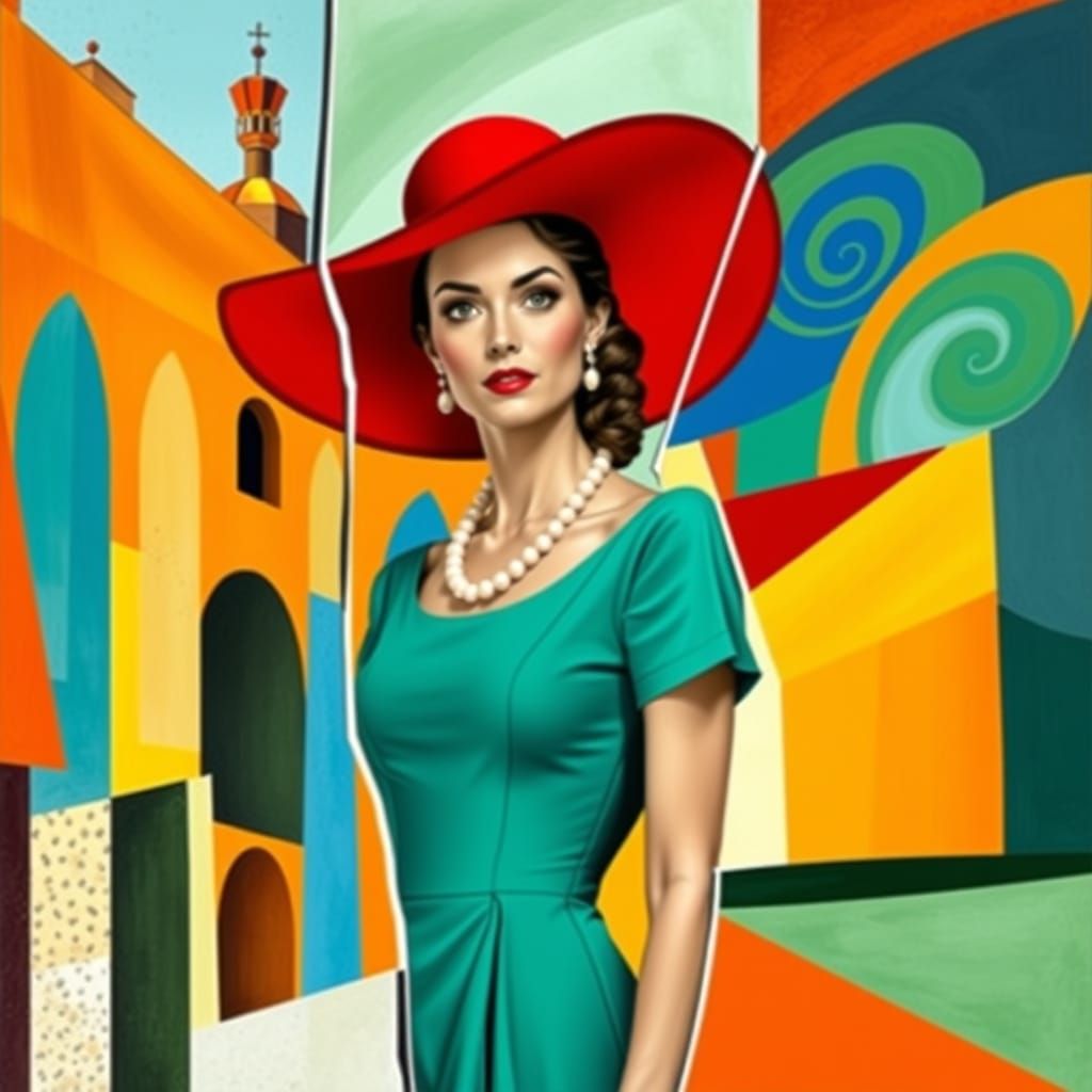Cubist Woman in Teal Dress and Red Hat