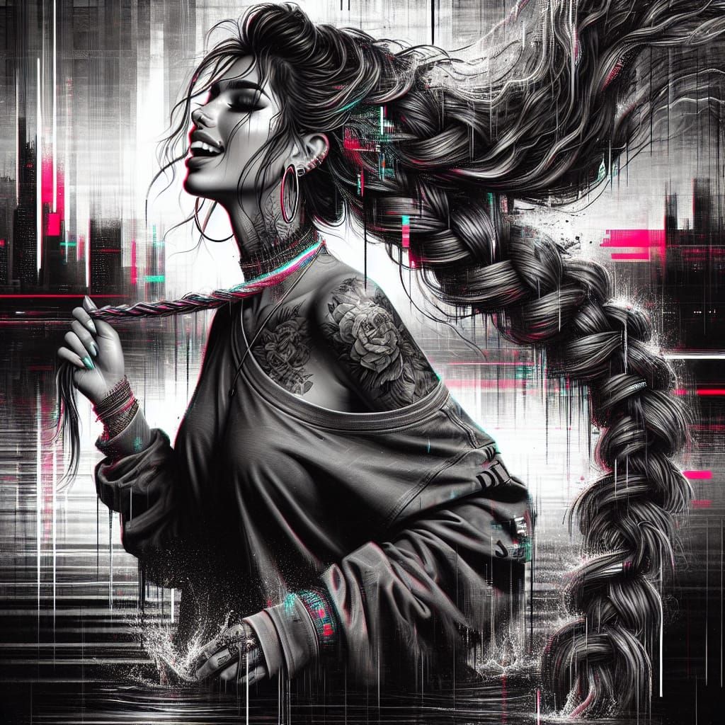 Long hair in a long rope like plait in a detailed digital artwork style. She has a commanding presence, highlighted...