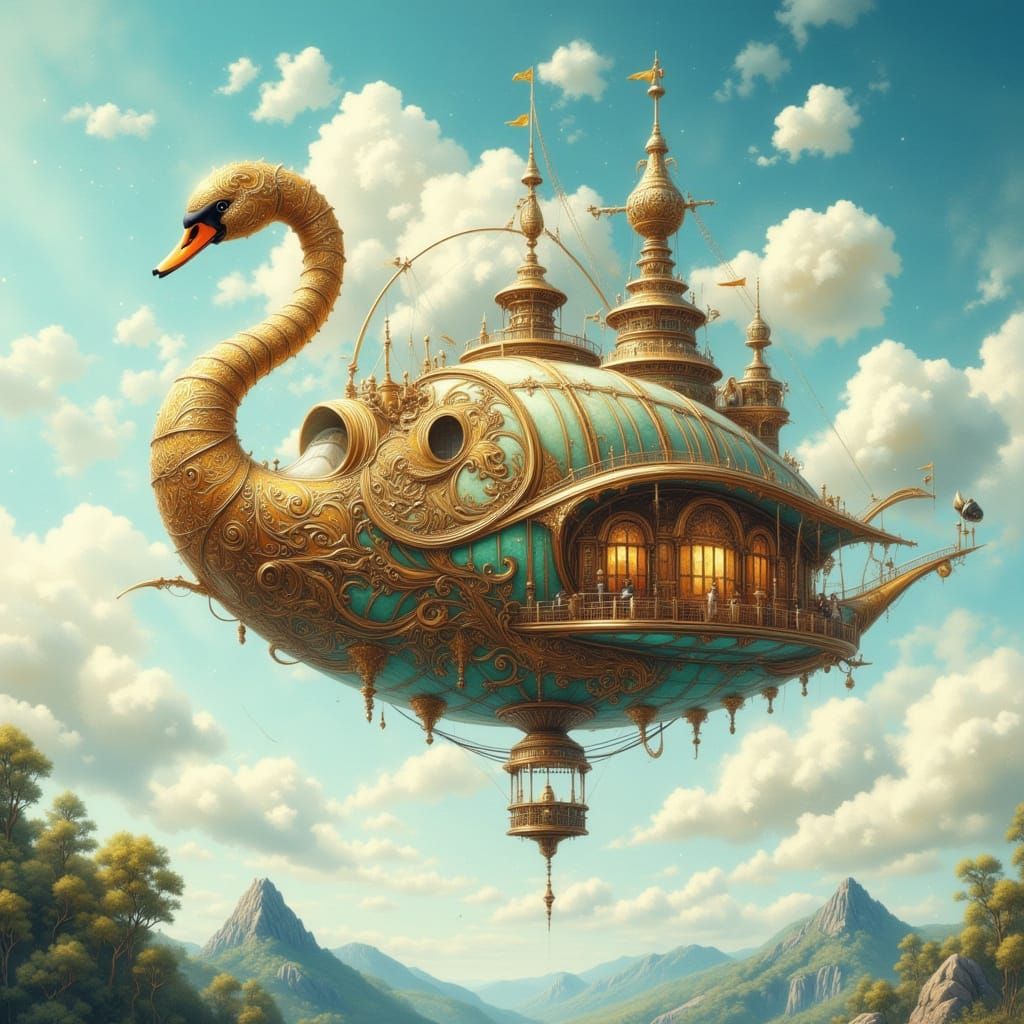 Swan Airship in Steampunk Anime Style