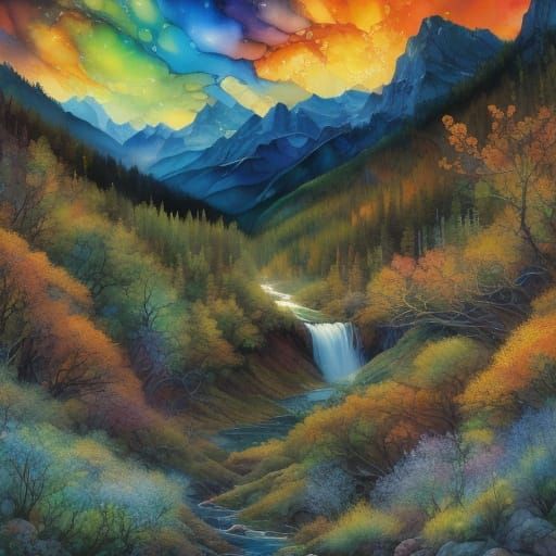 Albert Bierstadt Style Waterfall Landscape