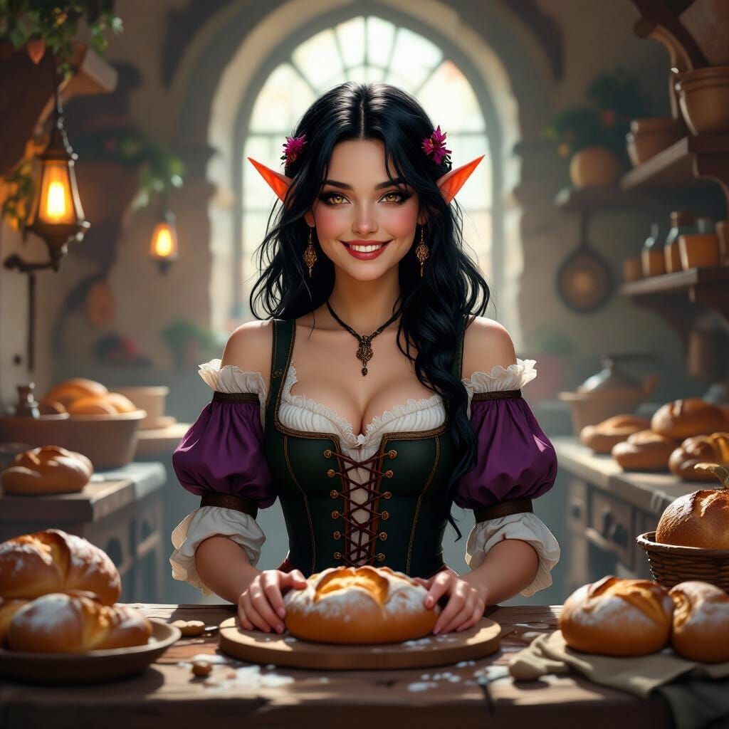 Tiefling Baker in Medieval Bakery, Dark Fantasy