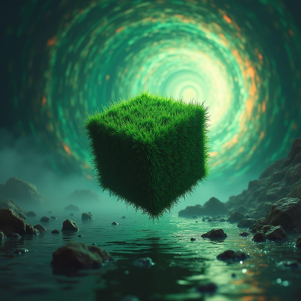 Green Cube Falling into Digital Vortex, Digital Art