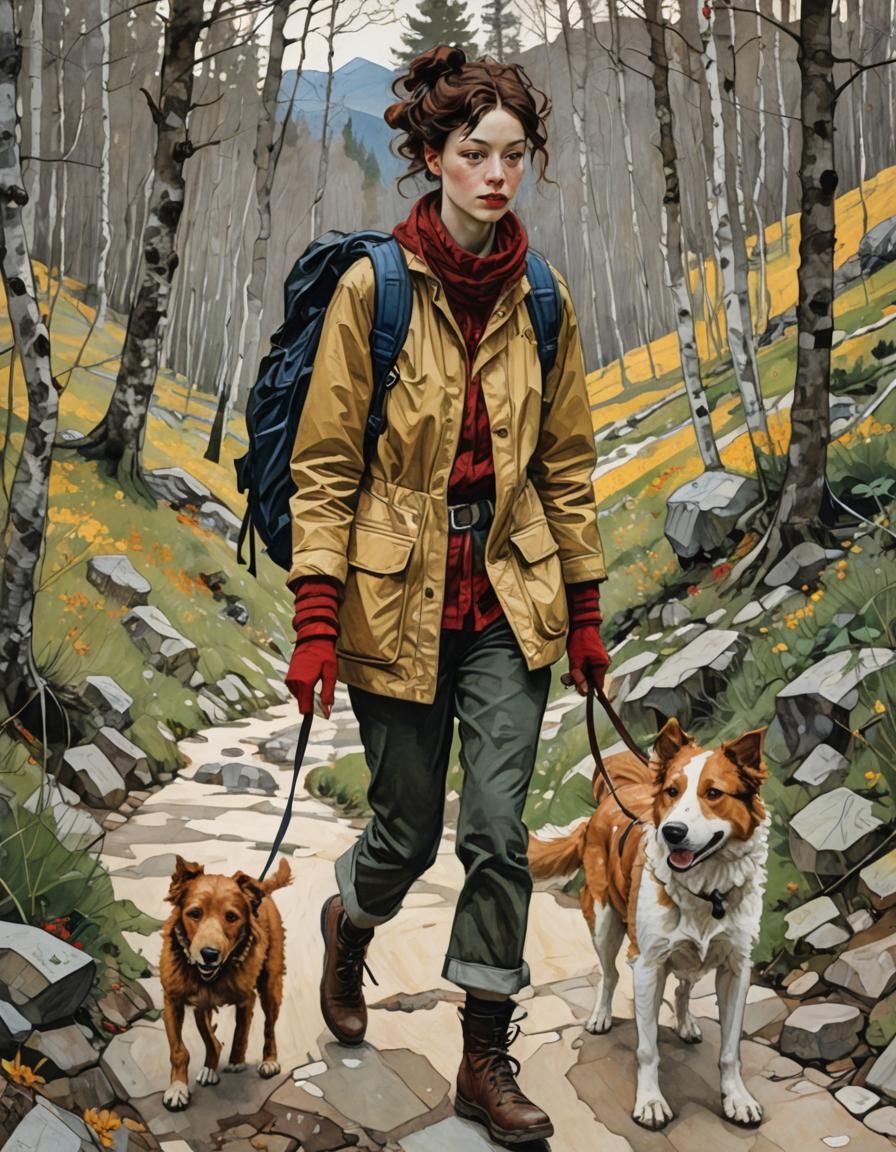 Dog Walk Illustration Inspired by Folk Art