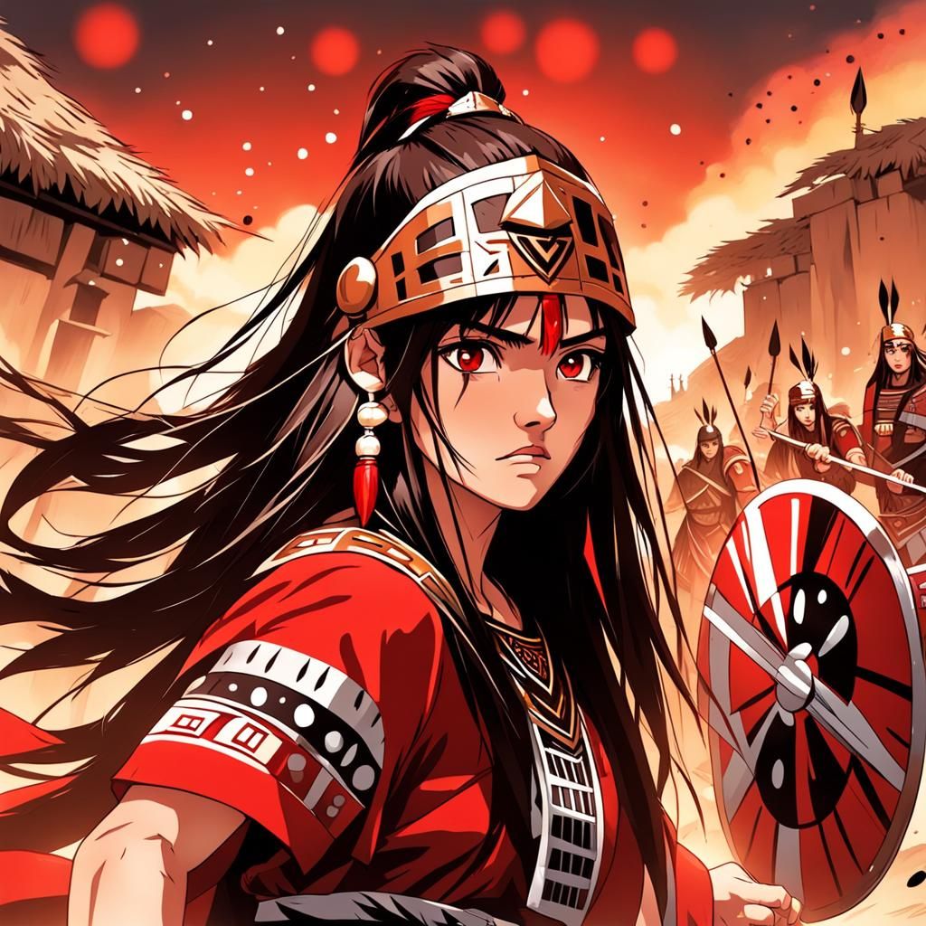 Anime Inca Warrior Girl in Village Battle
