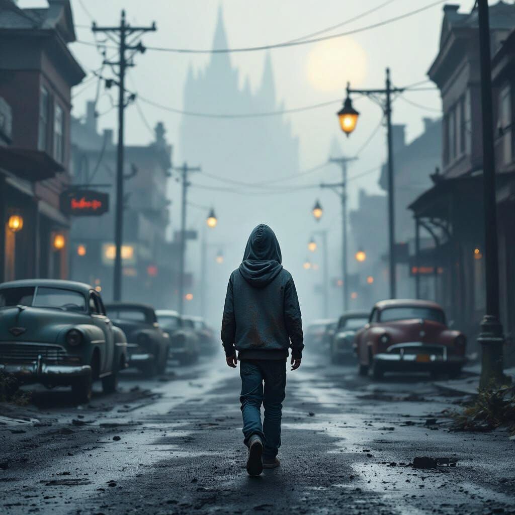 Eerie Street Scene: Boy Walks in Mystical Fog