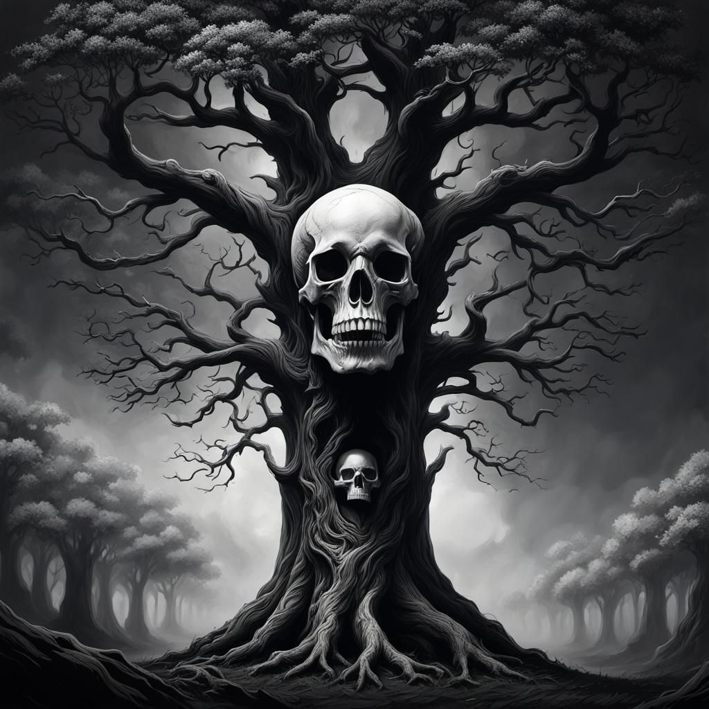 Skull Tree Creature Line Engraving in Black and White