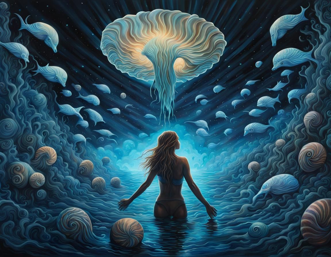 Bioluminescent Nautilus in Dark Ocean, Graffiti Art