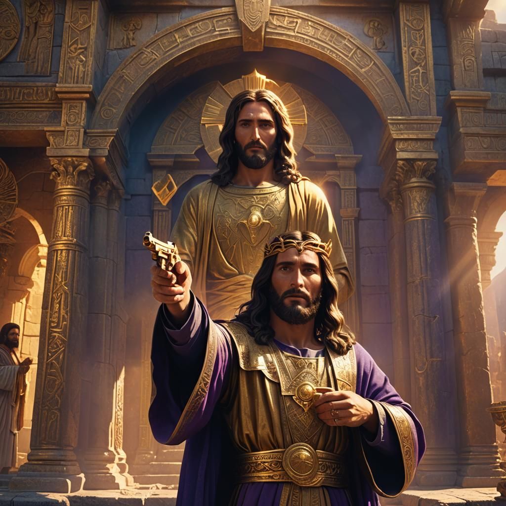 Jesus with Golden Pistol in Ancient Temple