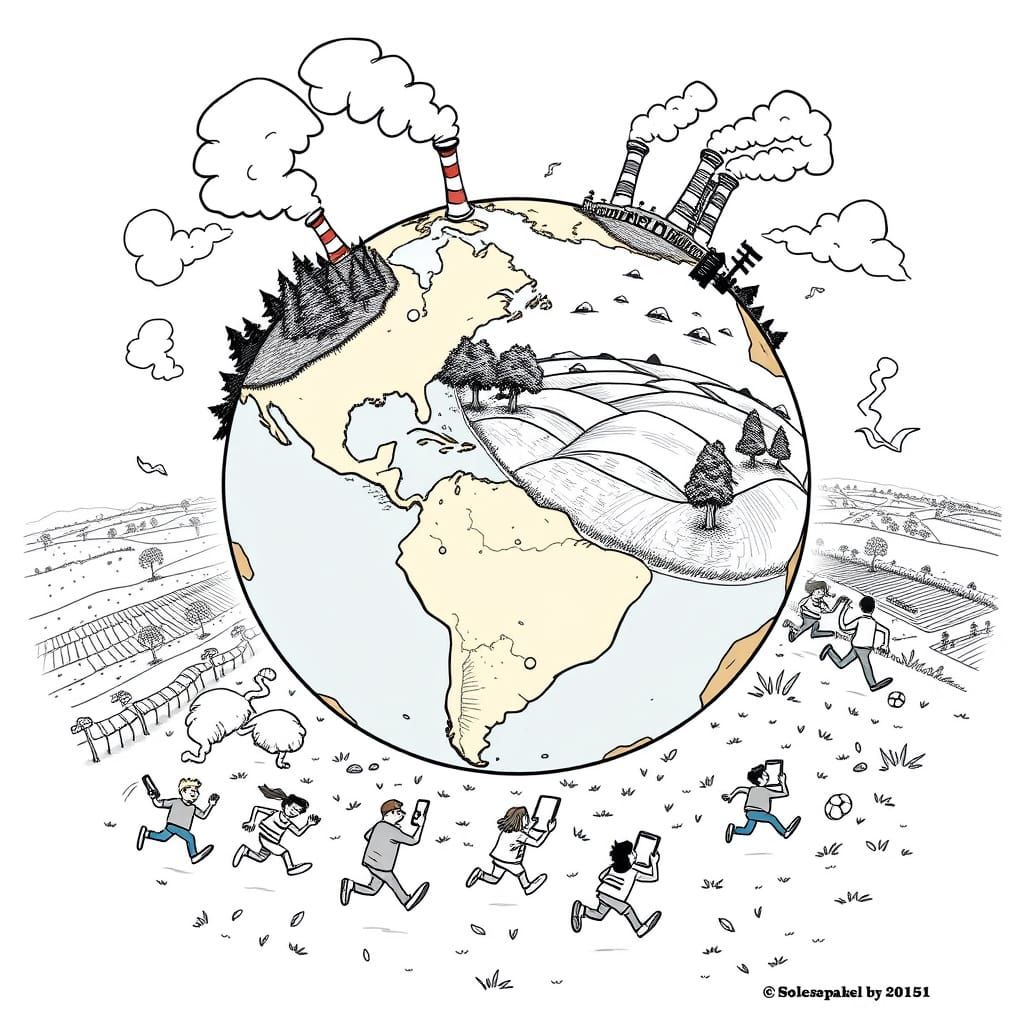 Satirical Earth Globe Cartoon with Tiny Humans