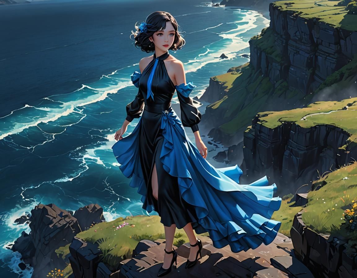 Woman in Blue 1930s Dress, Anime Art