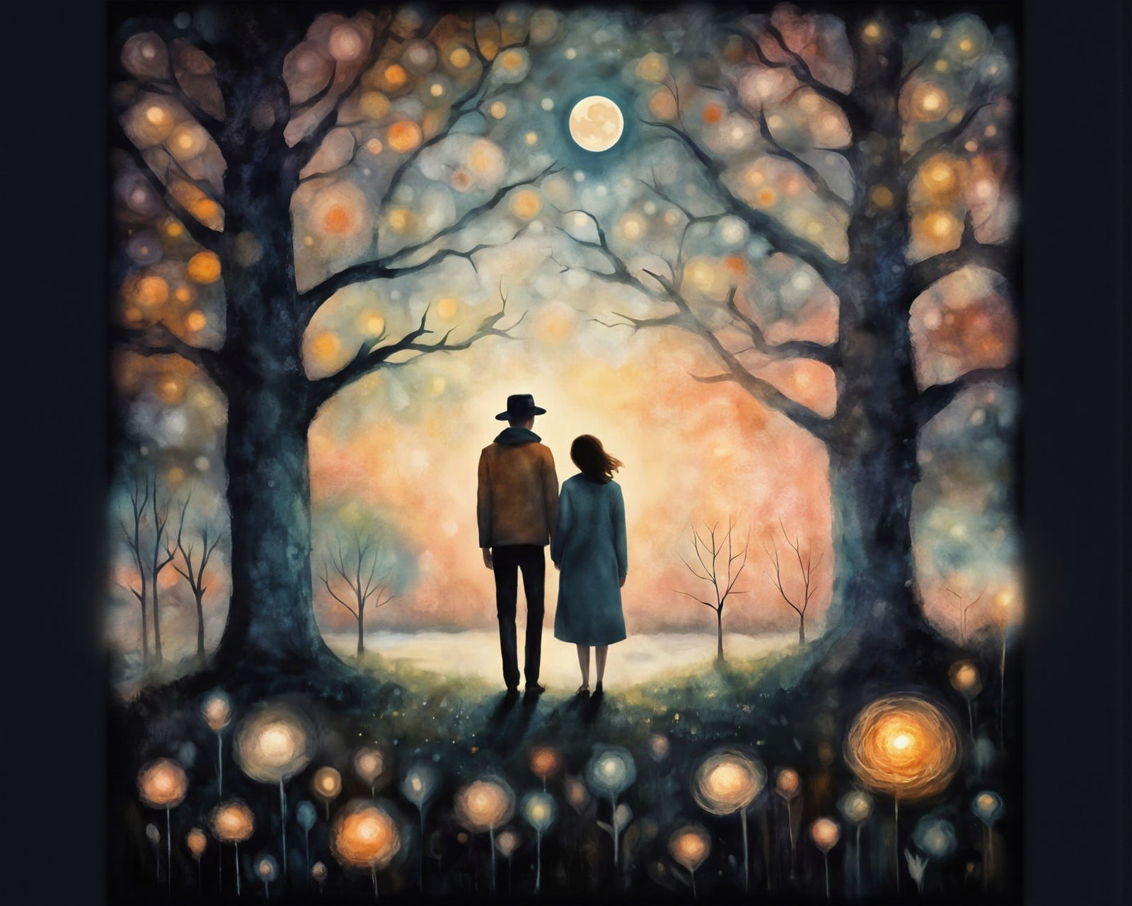 Lovers Reunite Under Moonlight in Impressionist Style