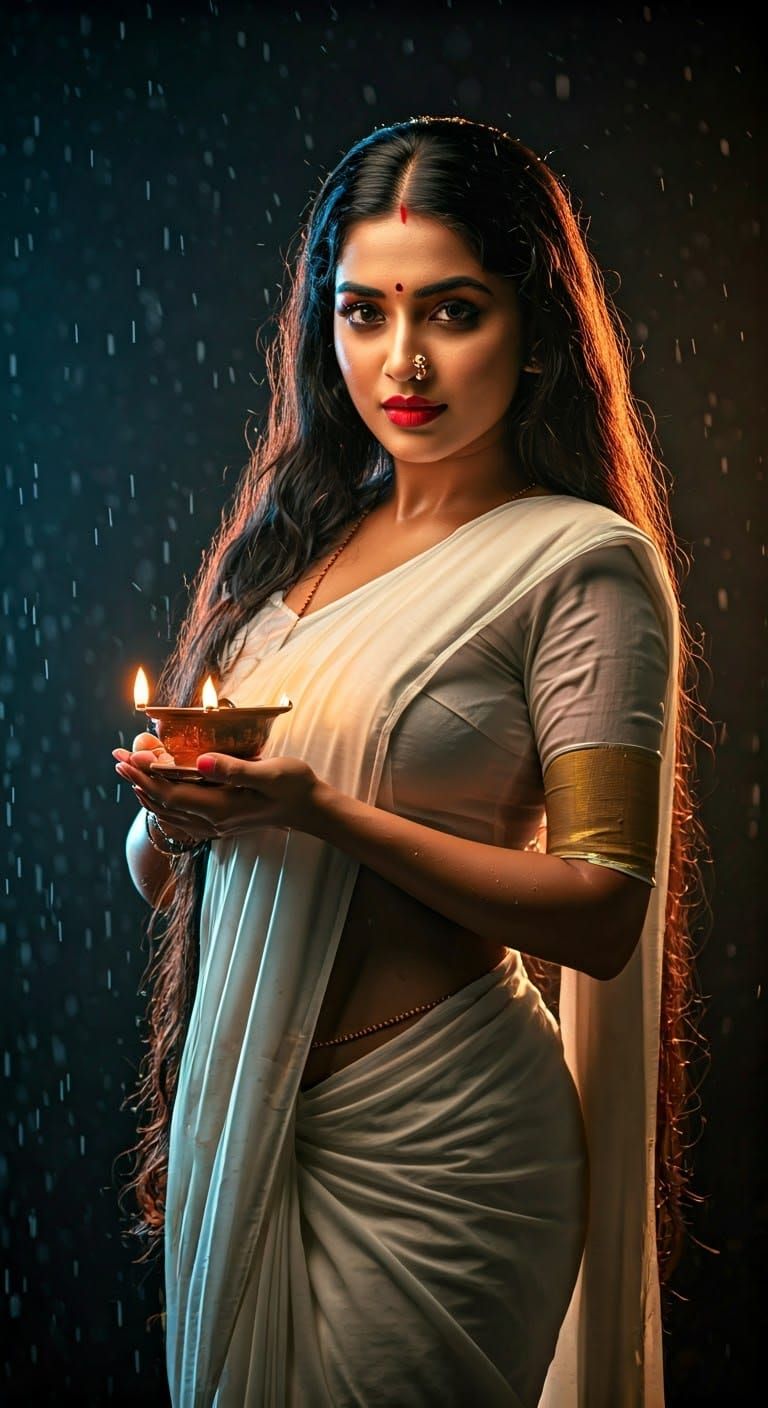 Elegant Indian Beauty in Traditional Kerala Style Saree