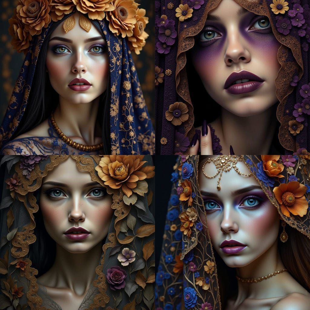 Beautiful Female Face with Lace and Golden Floral Patterns