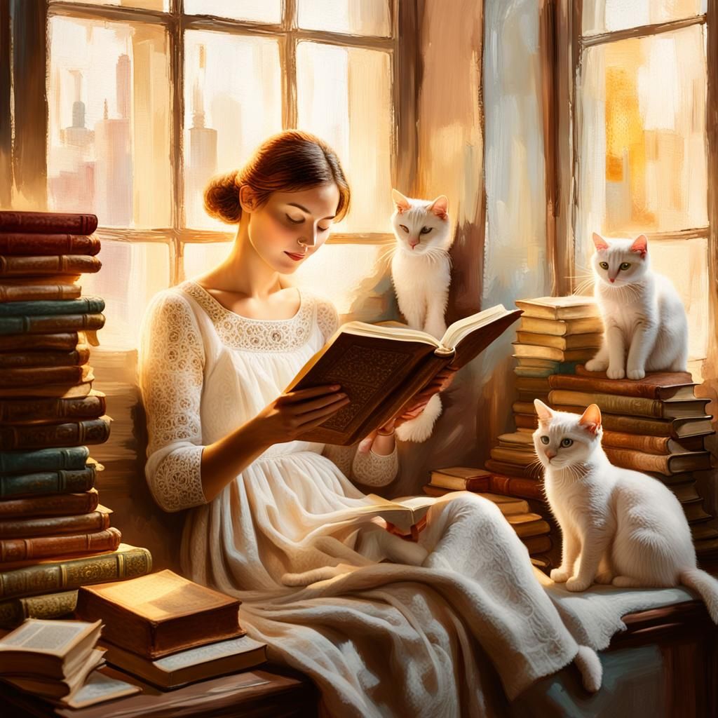 Cozy Reading Scene with Cats in Impressionist Style