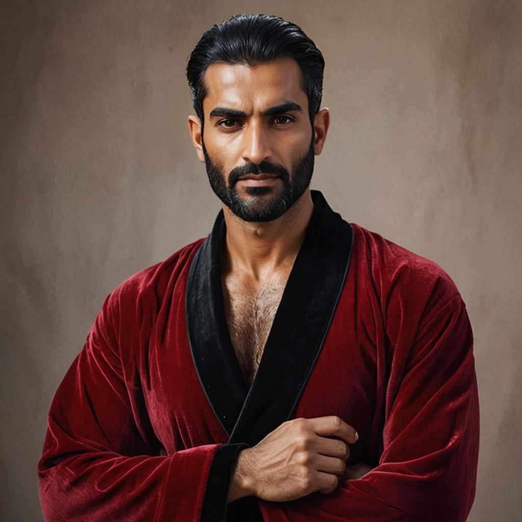 Iranian Man in Red Velvet Robe, Maximalist Digital Art