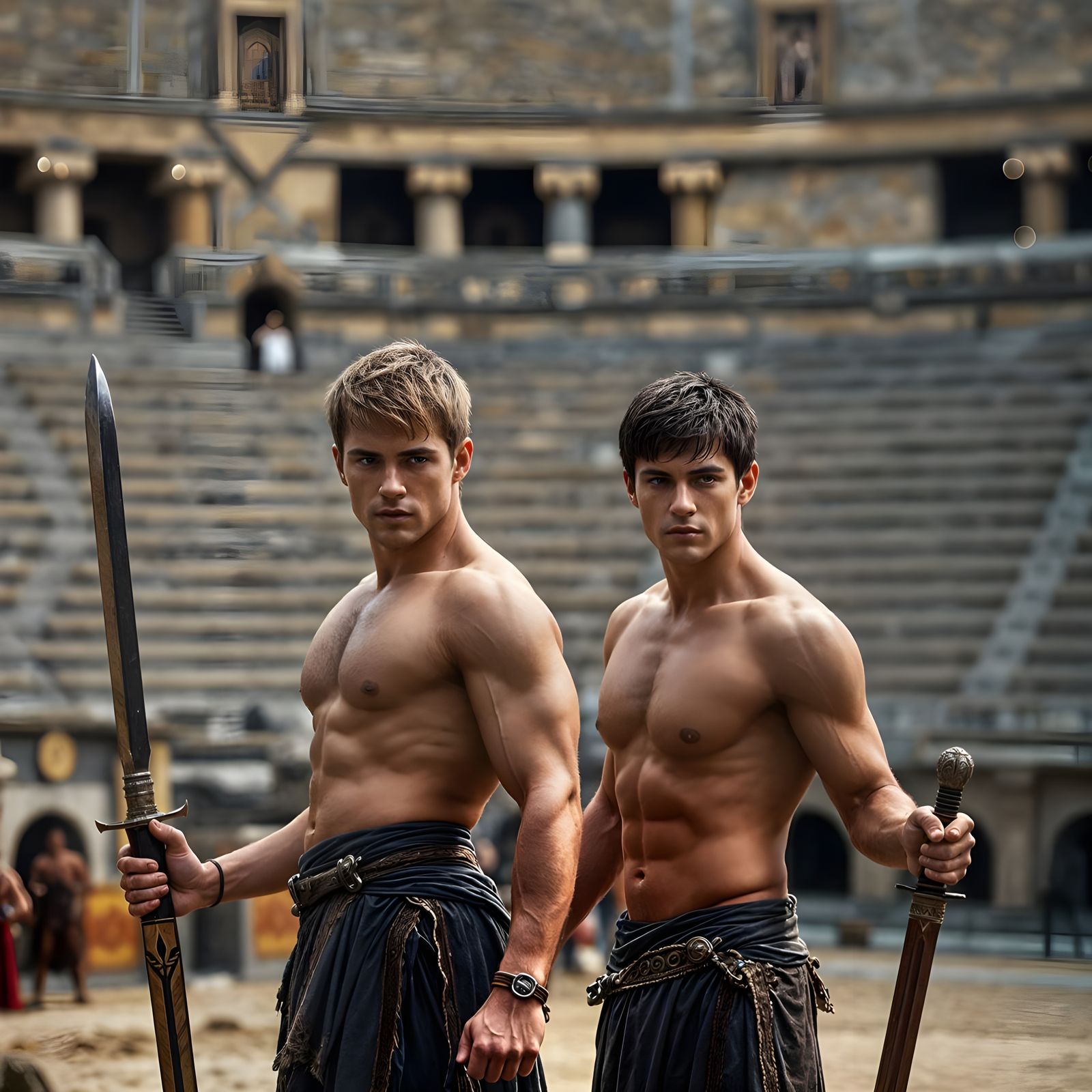 Muscled Gladiators in Ancient Arena