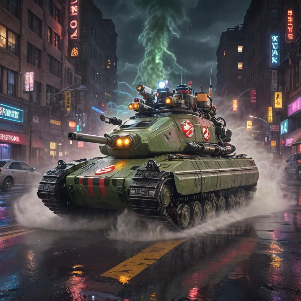 Ghostbusters Tank in City Street, Vibrant Digital Art