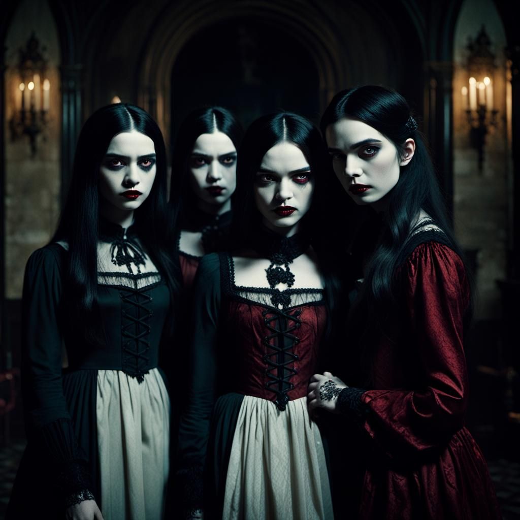 Gothic Vampire Sisters in Dimly Lit Mansion