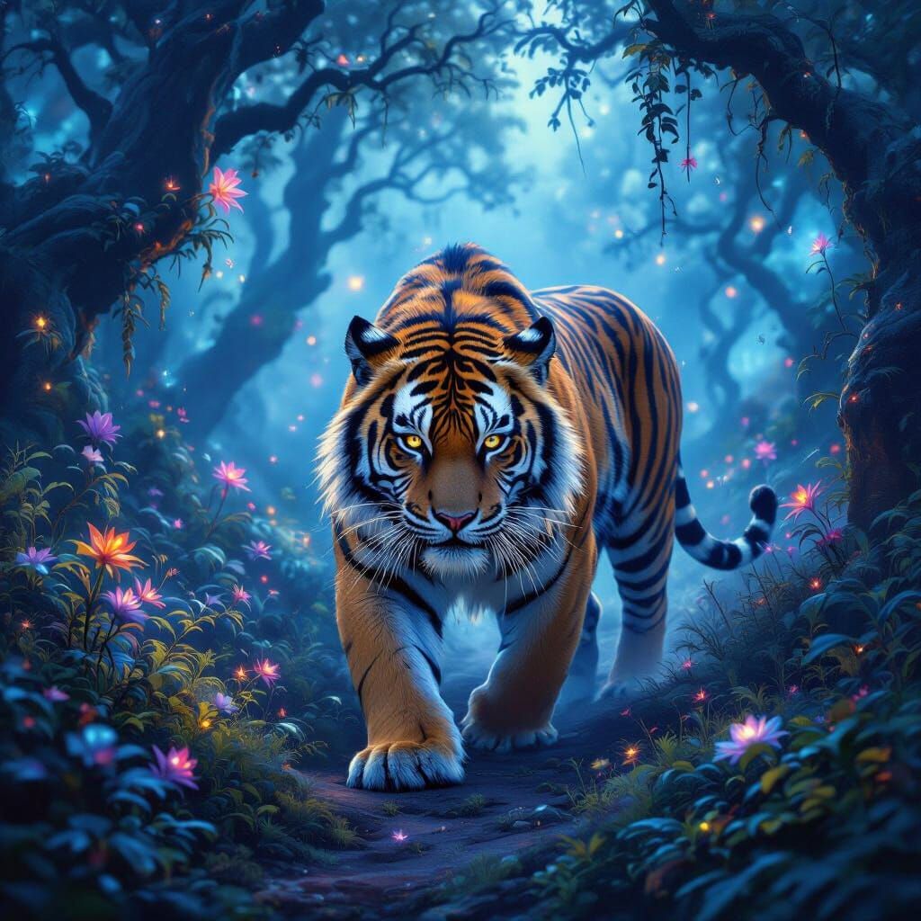 Nebula Tiger in Glowing Twilight Forest