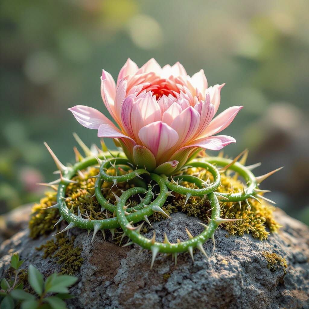 Vibrant Exotic Plant Emerges from Mossy Rock