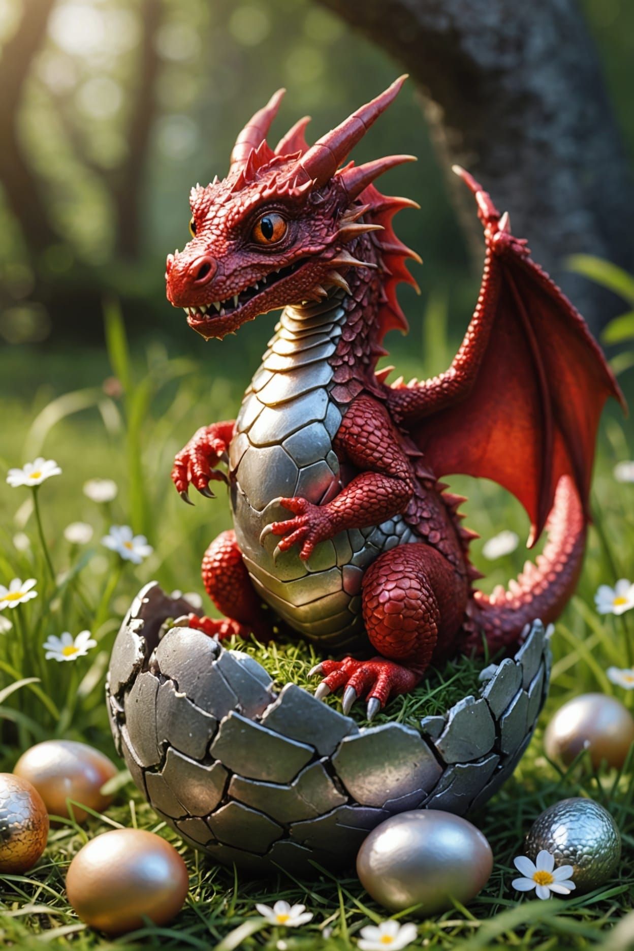 Baby Red Dragon Hatching From Silver Egg