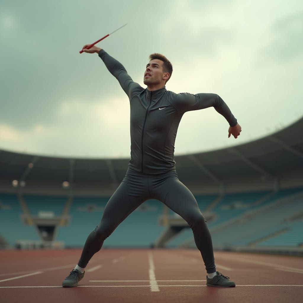 Athlete in Mid-Javelin Throw, Vast Stadium Background