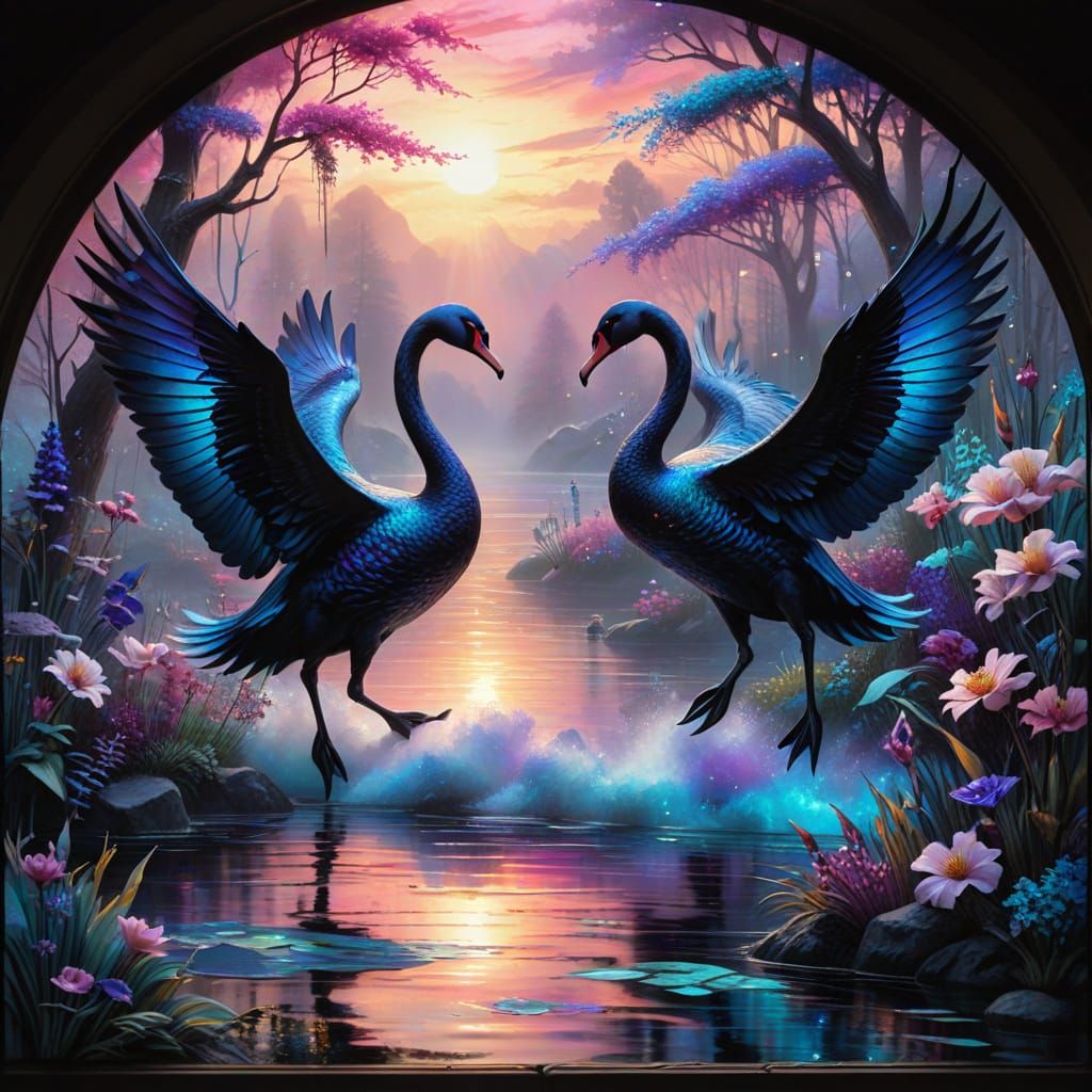 Stained Glass Black Swans Window in Ethereal Mist