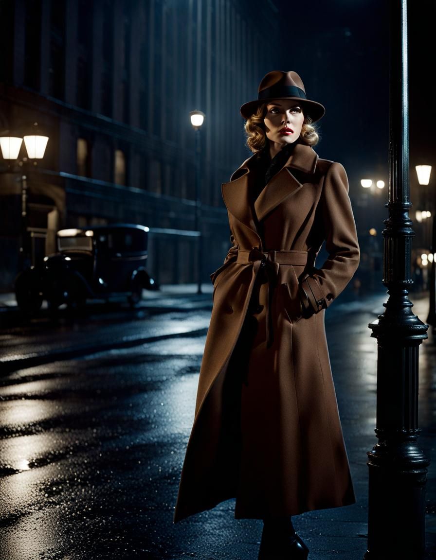 Noir Detective in Rainy City Street: Hyperrealistic Photogra...