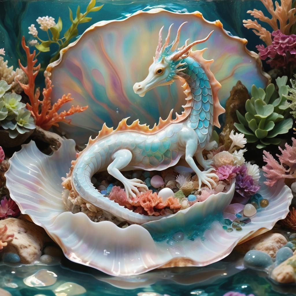 Botticelli Seadragon in Luminous Oyster Shell