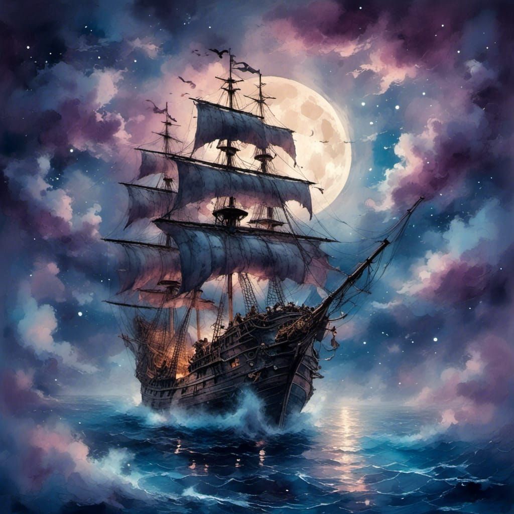 Pirate Ship Soaring Through Clouds in Romantic Surrealism