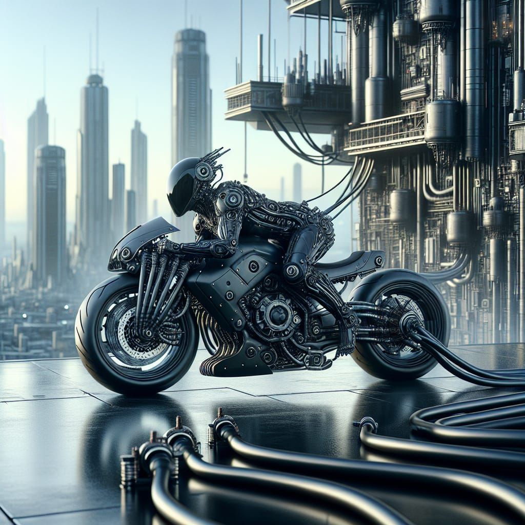 Futuristic Cyborg Biker in Fantastical Urban Landscape