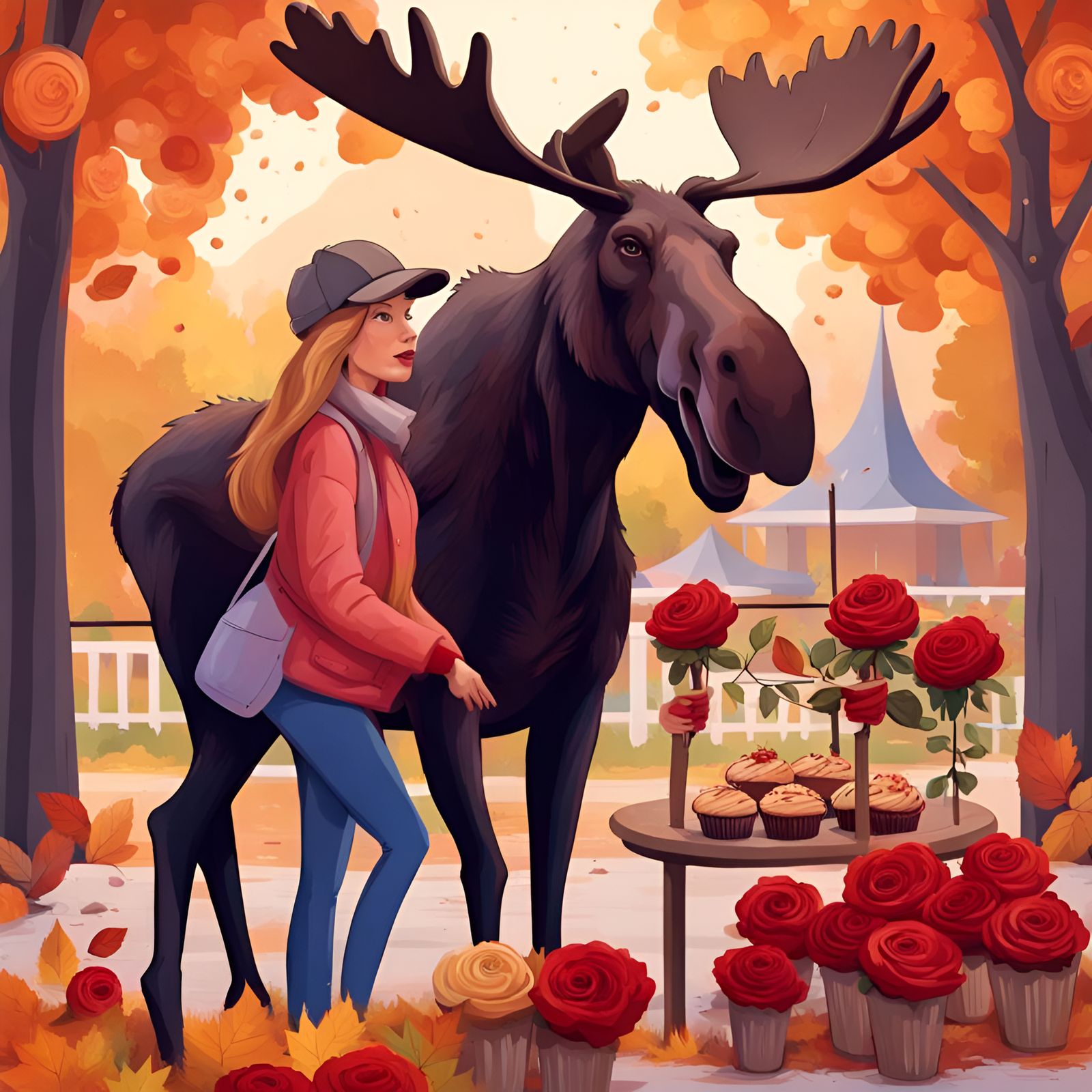 Moose in Theme Park with Woman, Roses and Muffins