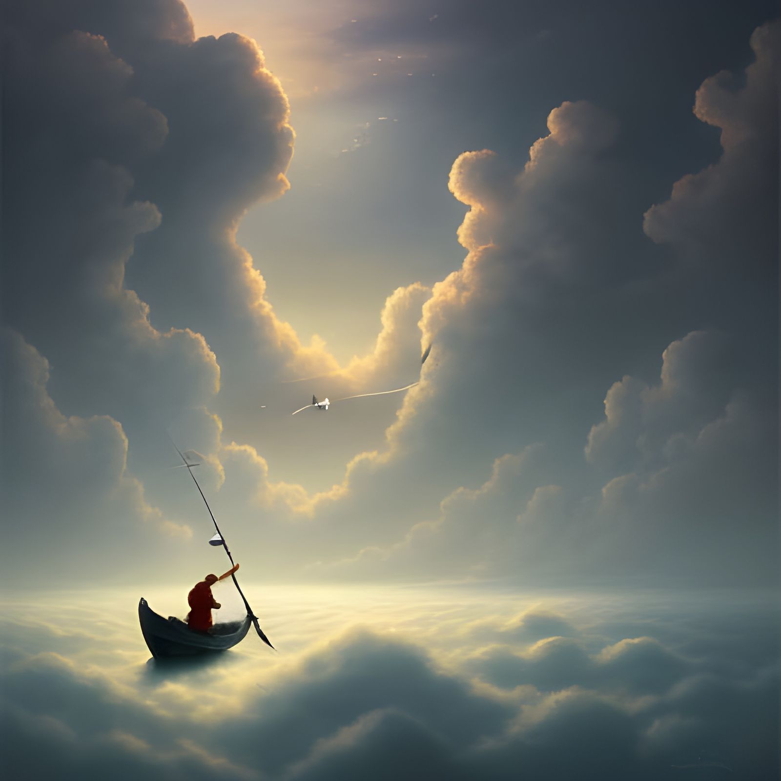 Fisherman on a Boat in Sea of Clouds