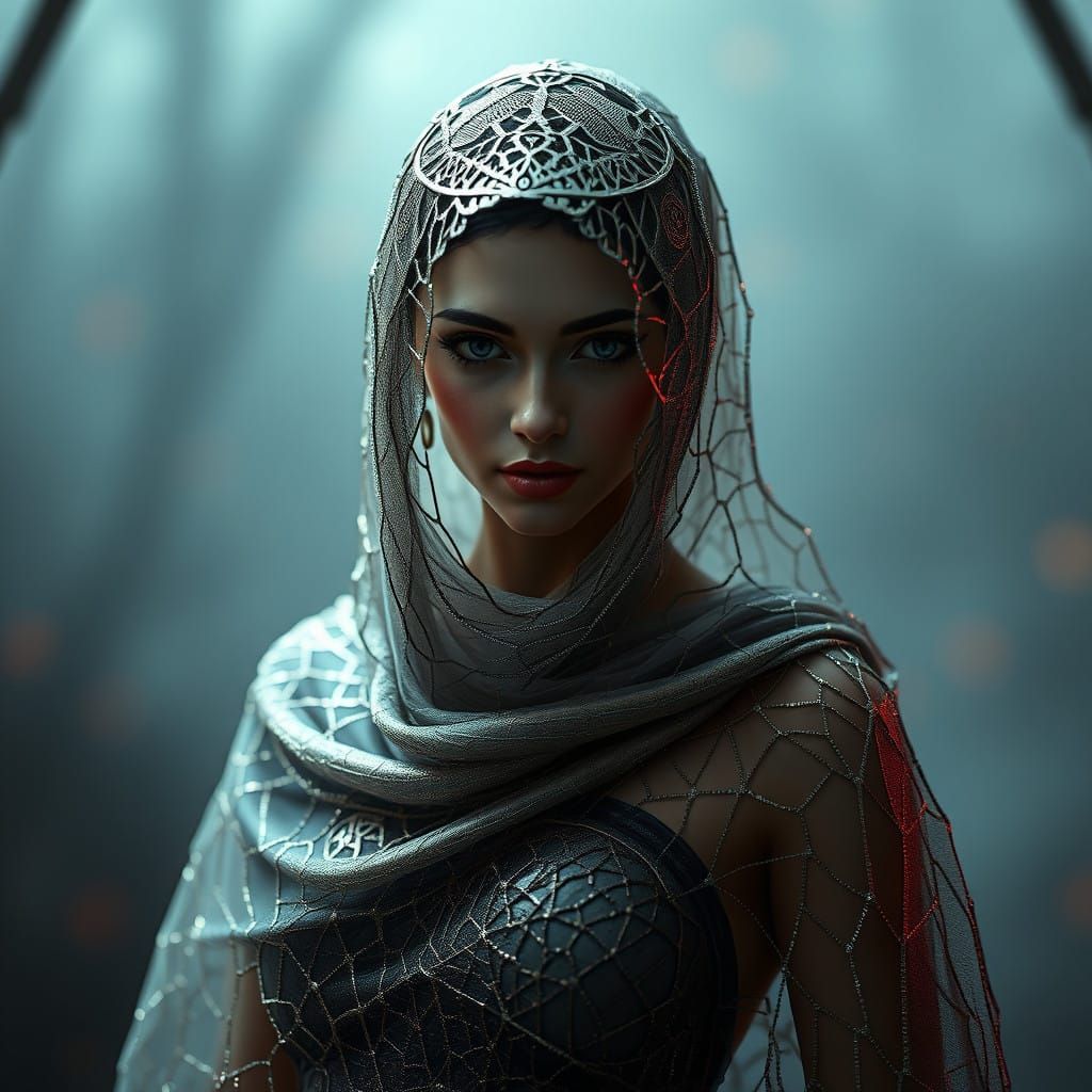 Ethereal Spider Goddess in Web-like Gown