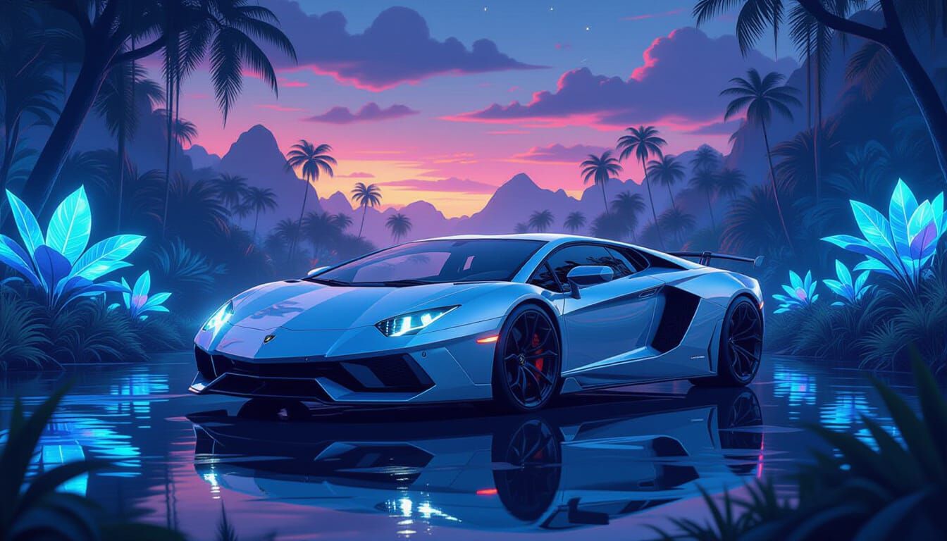 Futuristic Lamborghini Hovers Over Alien Jungle