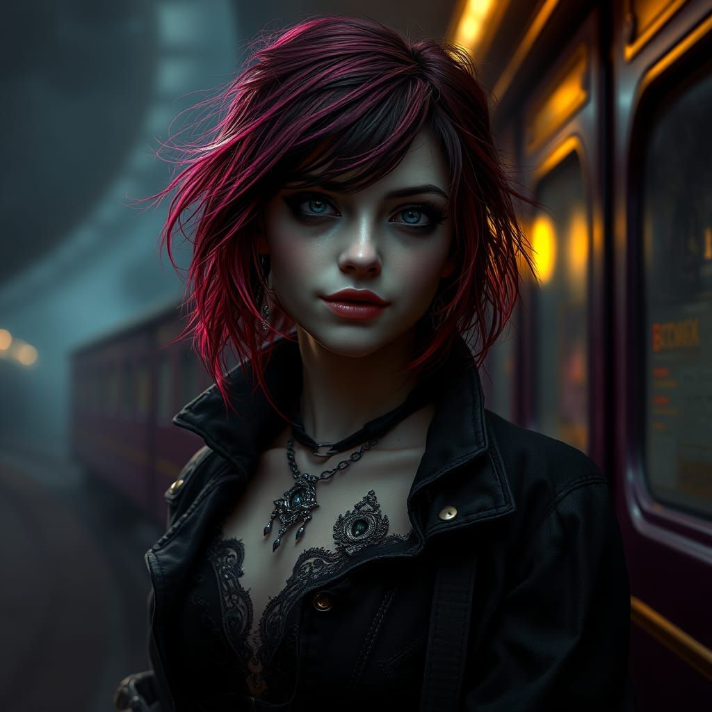 Gothic Vampire Hunter on Misty Train Platform