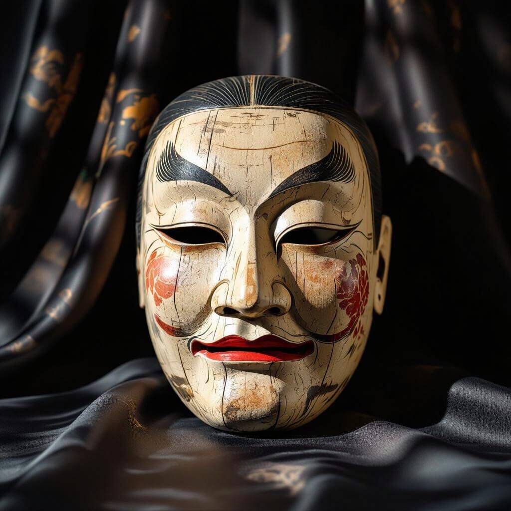 Japanese Noh Mask in Ukiyo-e Style
