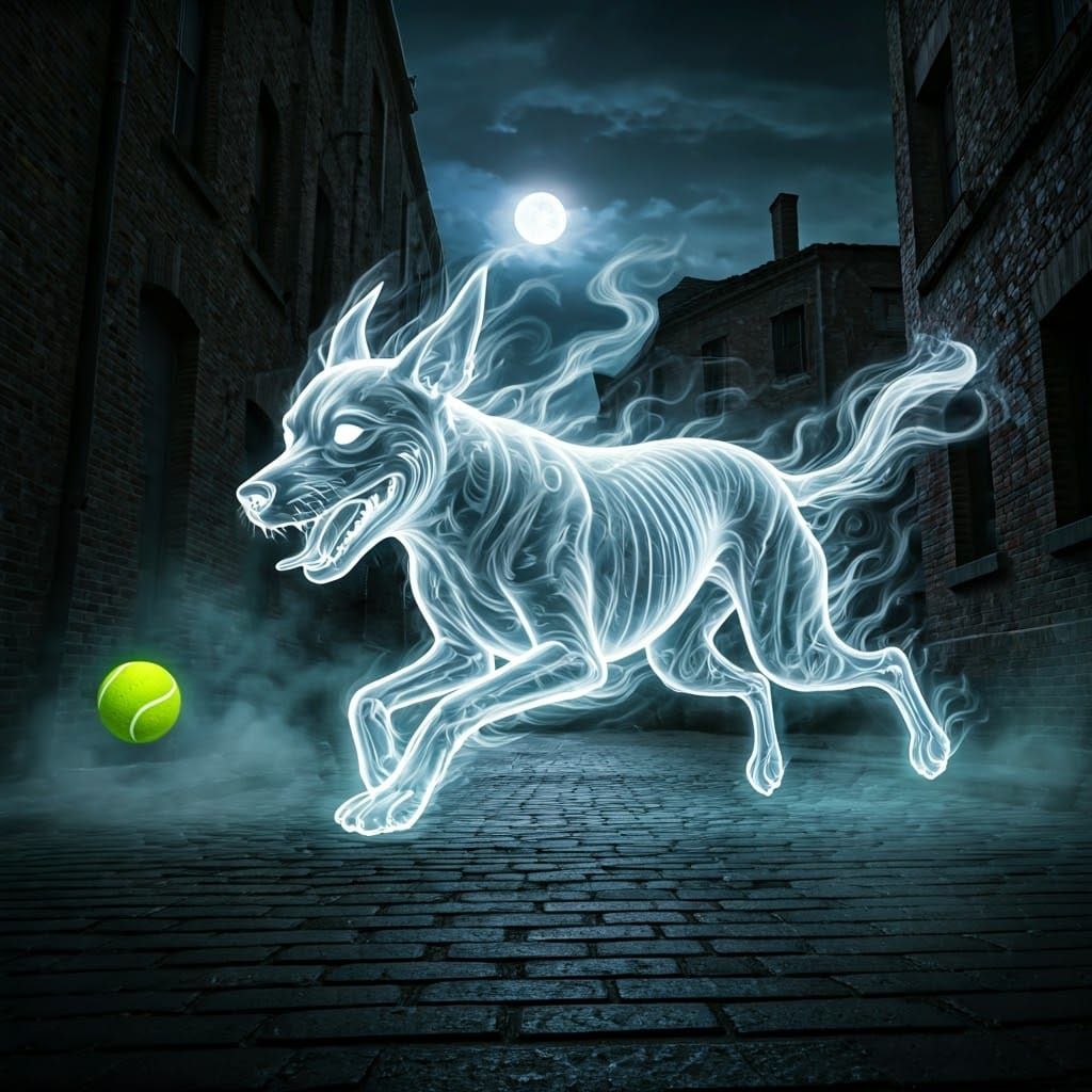 Ethereal Ghostly Dog Chases Tennis Ball Through Moonlit Alle...
