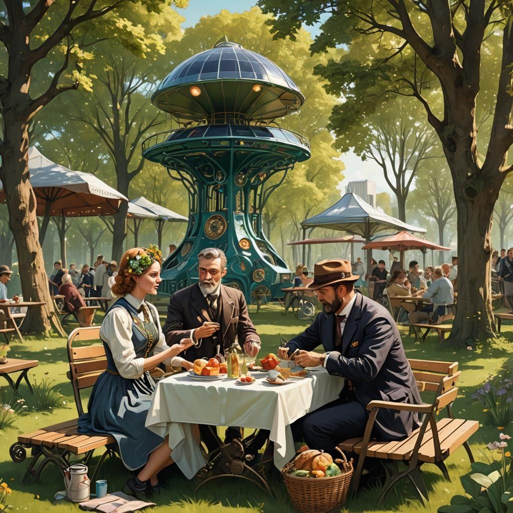 Art Nouveau Solarpunk Picnic Park Illustration