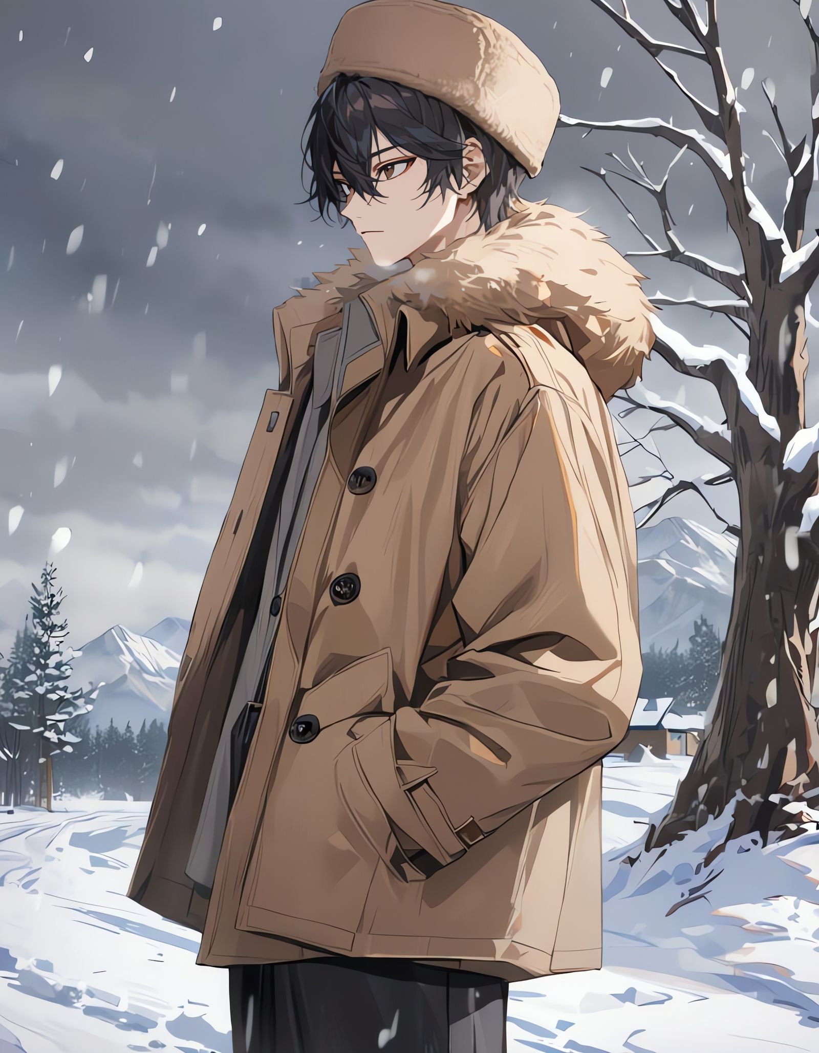 Bishounen in Snow with Heterochromia, Cowboy Shot