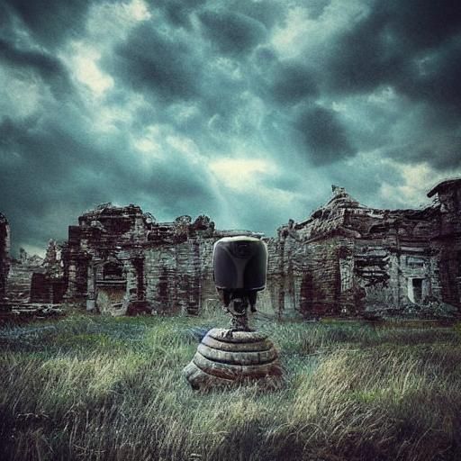 Sorrowful Robot in Abandoned Temple: Sci-Fi Digital Art