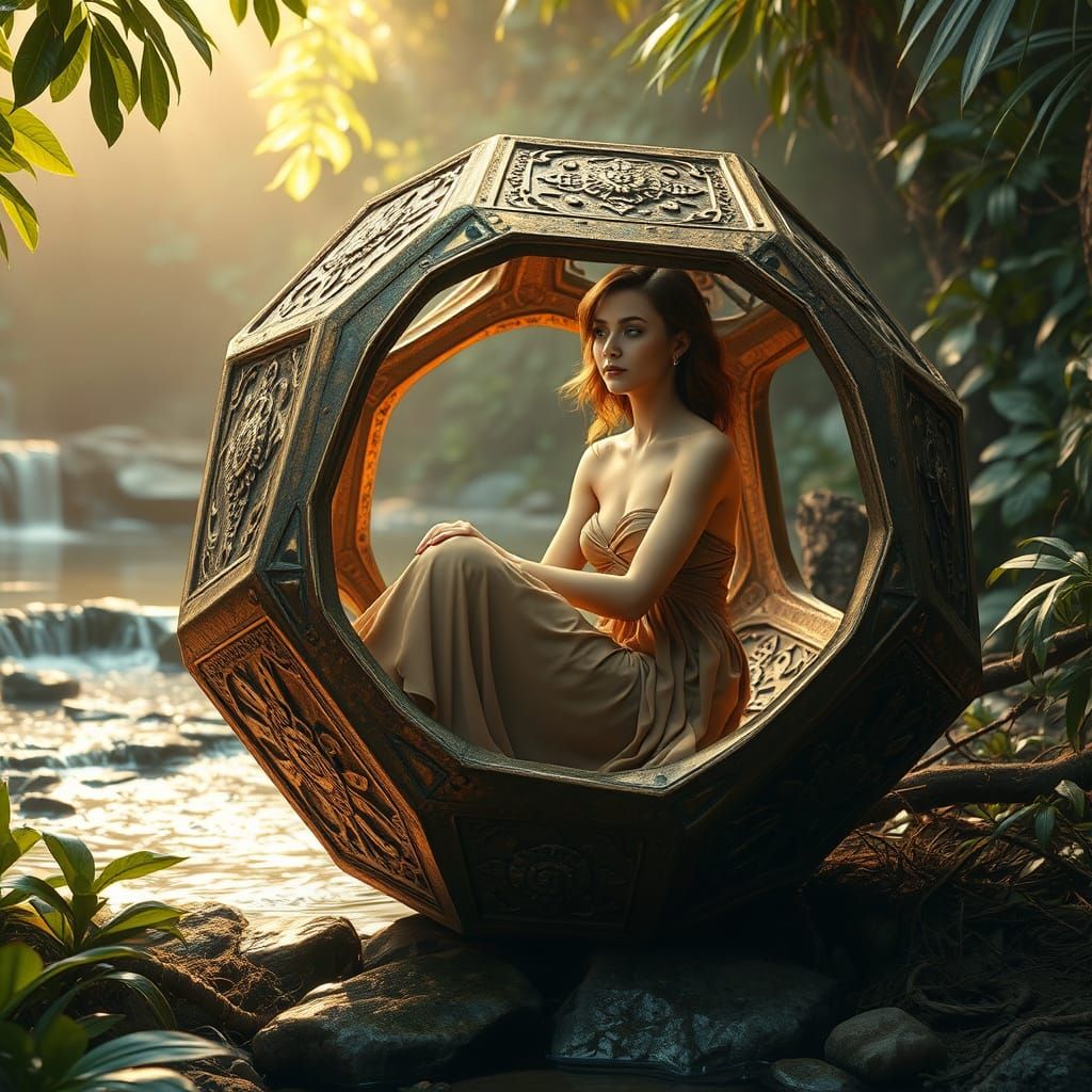 Serenely Seated Beauty within a Weathered Bronze Dodecahedro...